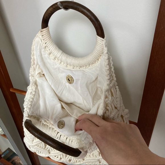 Handmade Vintage Bohemian Wooden Handle Crochet and Canvas Handbag - Picture 4 of 5